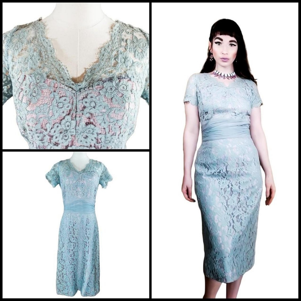 Vintage 1950s Powder Blue Lace Formal Cocktail Pencil Wiggle Dress 
